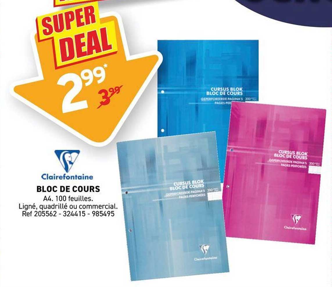 Clairefontaine BLOC DE COURS A4. 100 feuilles. Ligné, quadrillé ou commercial. Ref 205562 - 324415 - 985495