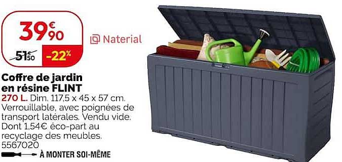 Coffre de jardin en résine FLINT 270 L. Dim. 117,5 x 45 x 57 cm.