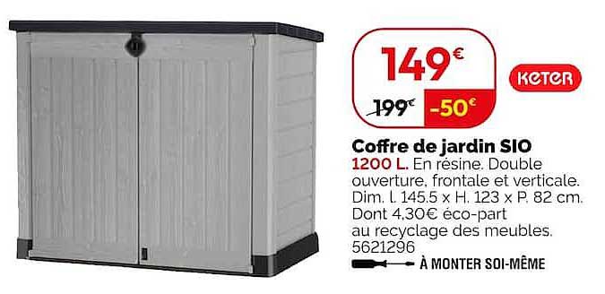 Coffre de jardin SIO 1200 L. En résine. Double ouverture, frontale et verticale.