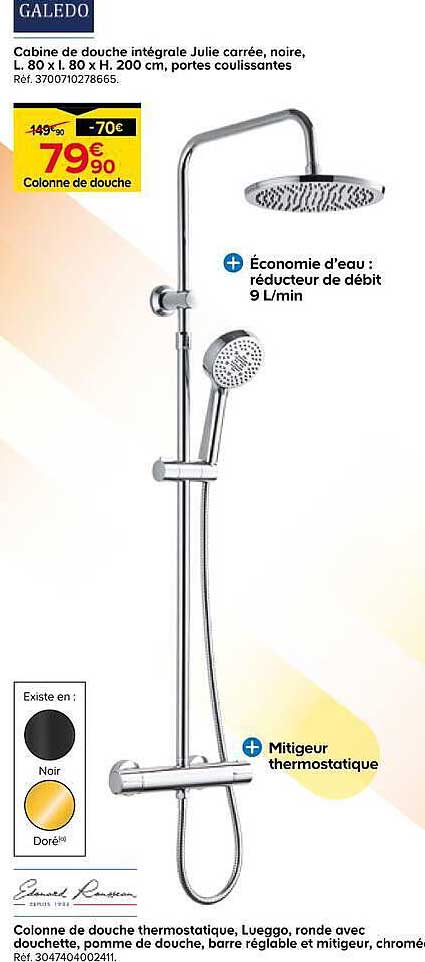Colonne de douche thermostatique, Lueggo, ronde avec douchette, pomme de douche, barre réglable et mitigeur, chromé