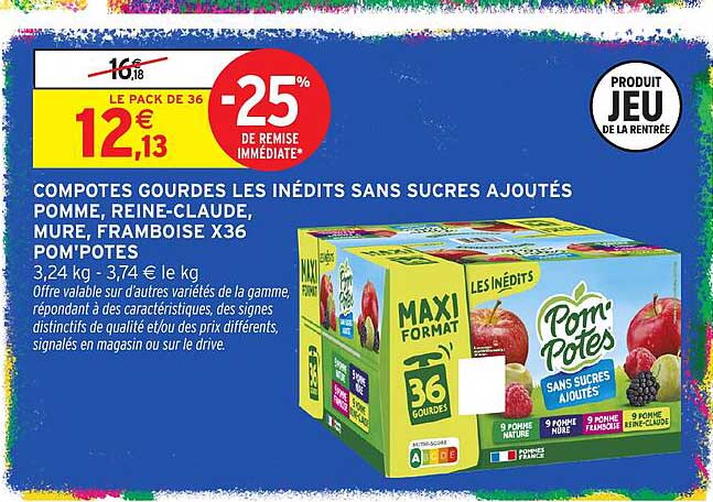 COMPOTES GOURDES LES INÉDITS SANS SUCRES AJOUTÉS POMME, REINE-CLAUDE, MURE, FRAMBOISE X36 POM'POTES