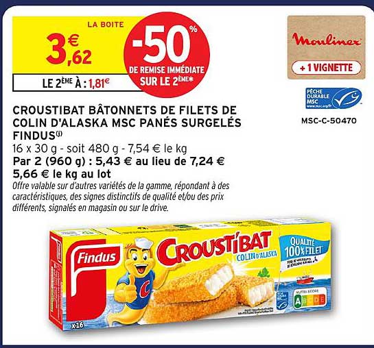 CROUSTIBAT BÂTONNETS DE FILETS DE COLIN D'ALASKA MSC PANÉS SURGELÉS FINDUS