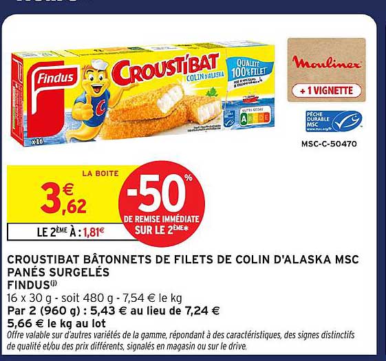 CROUSTIBAT BÂTONNETS DE FILETS DE COLIN D'ALASKA MSC PANÉS SURGELÉS FINDUS