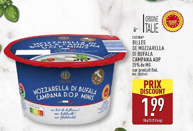 CUCINA® BILLES DE MOZARELLA DI BUFALA CAMPANA AOP 25% de MG sur produit fini. Réf. 5020142