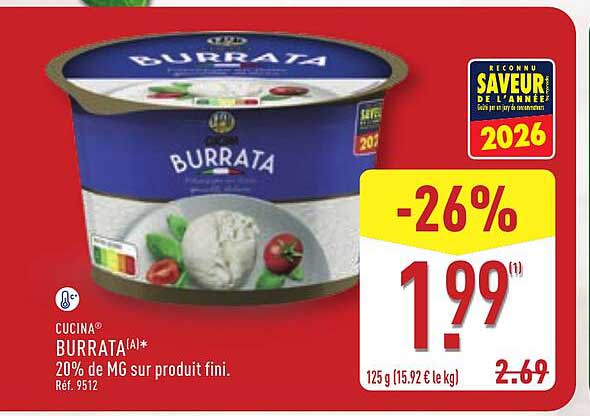 CUCINA BURRATA!A!* 20% de MG sur produit fini. Réf. 9512