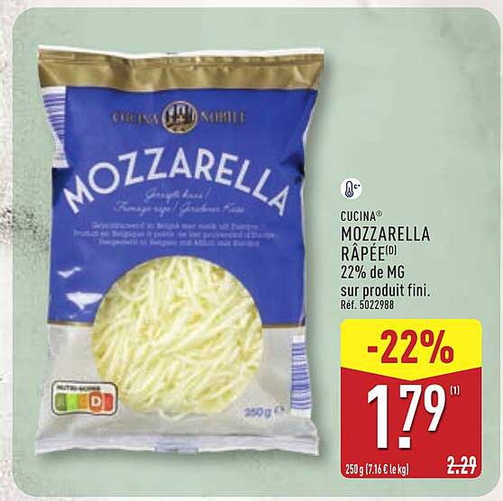 CUCINA® MOZZARELLA RÂPÉE(D) 22% de MG sur produit fini. Réf. 5022988