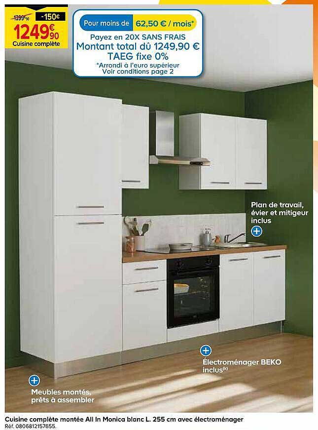 Cuisine complète montée All In Monica blanc L. 255 cm avec électroménager
