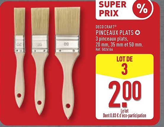 DECO CRAFT® PINCEAUX PLATS 3 pinceaux plats, 20 mm, 35 mm et 50 mm.