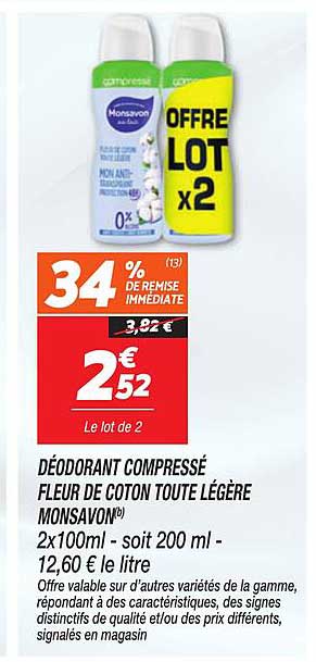 DÉODORANT COMPRESSÉ FLEUR DE COTON TOUTE LÉGÈRE MONSAVON®