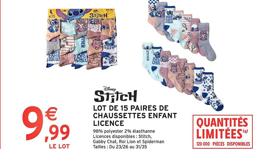 Disney Stitch - LOT DE 15 PAIRES DE CHAUSSETTES ENFANT LICENCE