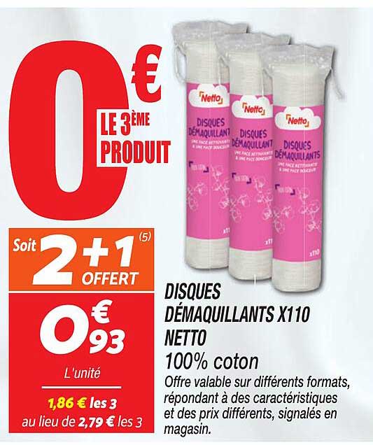 DISQUES DÉMAQUILLANTS X110 NETTO 100% coton