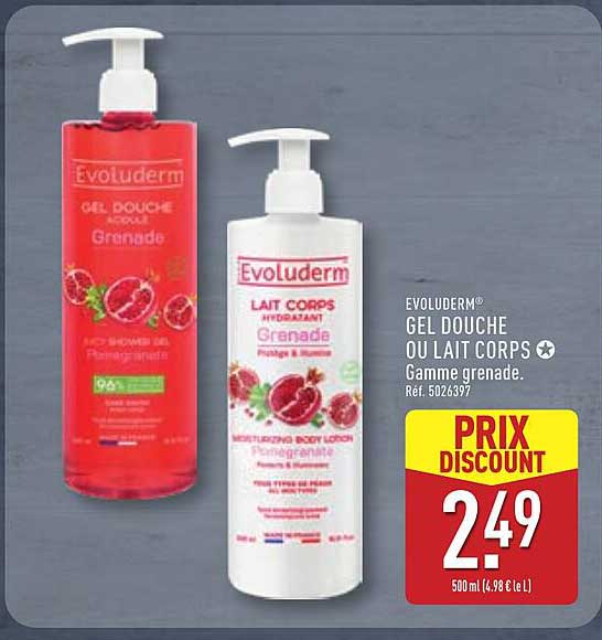 EVOLUDERM® GEL DOUCHE OU LAIT CORPS Grenade. Ref. 5026397