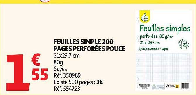 FEUILLES SIMPLE 200 PAGES PERFORÉES POUCE