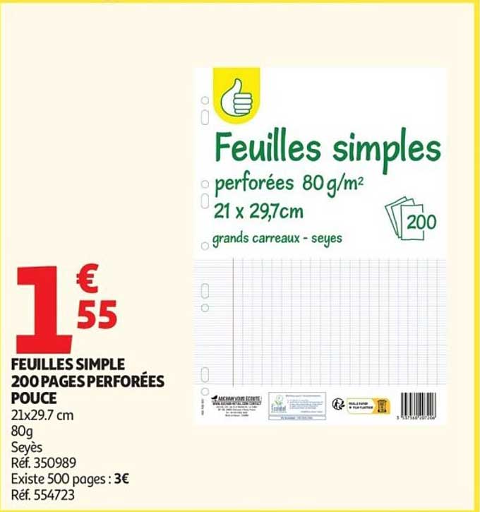FEUILLES SIMPLE 200 PAGES PERFORÉES POUCE