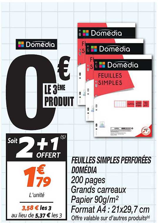 FEUILLES SIMPLES PERFORÉES DOMÉDIA 200 pages Grands carreaux Papier 90g/m² Format A4 : 21x29,7 cm