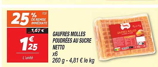 GAUFRES MOLLES POUDRÉES AU SUCRE NETTO x6 260 g - 4,81 € le kg