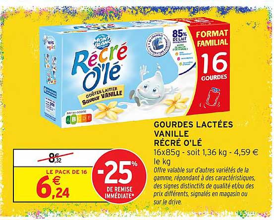 GOURDES LACTÉES VANILLE RÉCRÉ O'LE 16x85 g - soit 1,36 kg - 4,59 € le kg