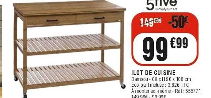 ILOT DE CUISINE Bamboo - 60 x H 90 x 108 cm