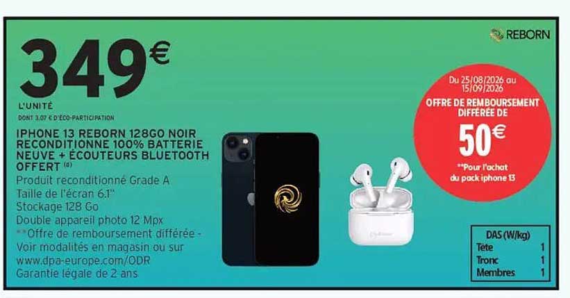 IPHONE 13 REBORN 128GO NOIR RECONDITIONNÉ 100% BATTERIE NEUVE + ÉCOUTEURS BLUETOOTH OFFERT