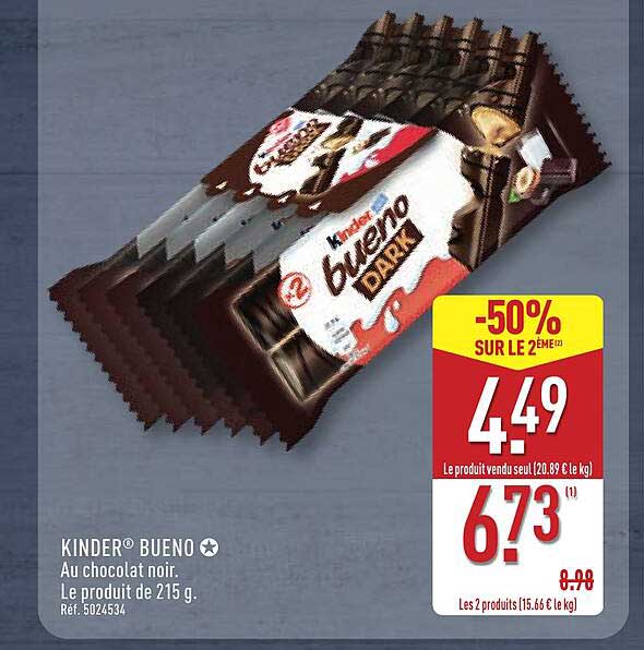 KINDER® BUENO Au chocolat noir. Le produit de 215 g.