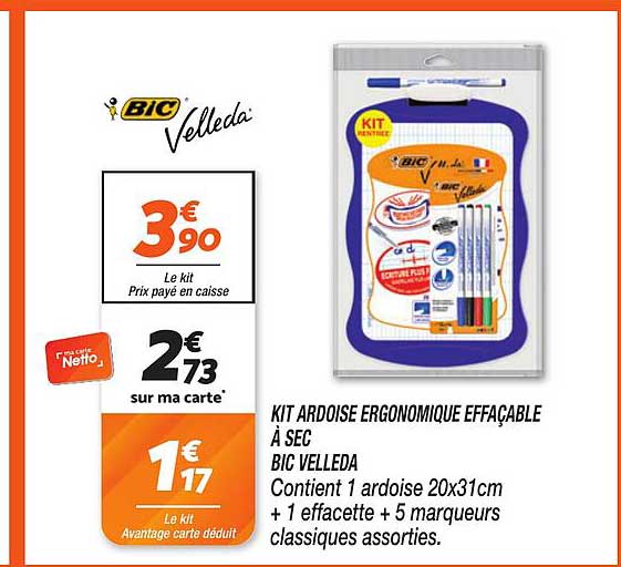 KIT ARDOISE ERGONOMIQUE EFFAÇABLE À SEC BIC VELLEDA