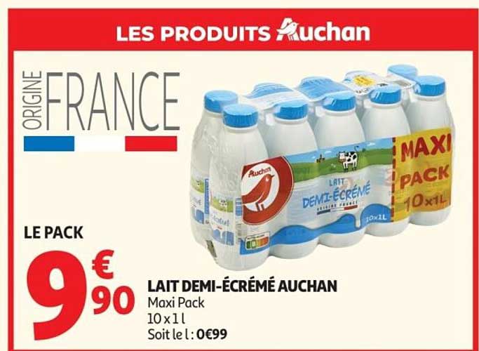 LAIT DEMI-ÉCRÉMÉ AUCHAN Maxi Pack 10 x 1 l Soit le l : 0€99
