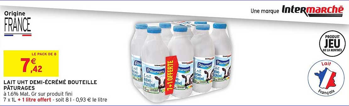 LAIT UHT DEMI-ÉCRÉME BOUTEILLE PÂTURAGES