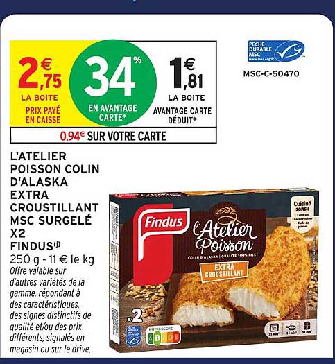 L’ATELIER POISSON D’ALASKA EXTRA CROUSTILLANT MSC SURGELÉ X2 FINDUS