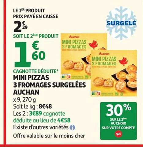 LE 1ER PRODUIT PRIX PAYÉ EN CAISSE
2€29
SOIT LE 2EME PRODUIT
1€60
CAGNOTTE DÉDUITE*
MINI PIZZAS 3 FROMAGES SURGELÉES AUCHAN