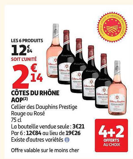 LES 6 PRODUITS 12€84 SOIT L'UNITÉ 2€14 CÔTES DU RHÔNE AOP(2) Cellier des Dauphins Prestige Rouge ou Rosé 75 cl