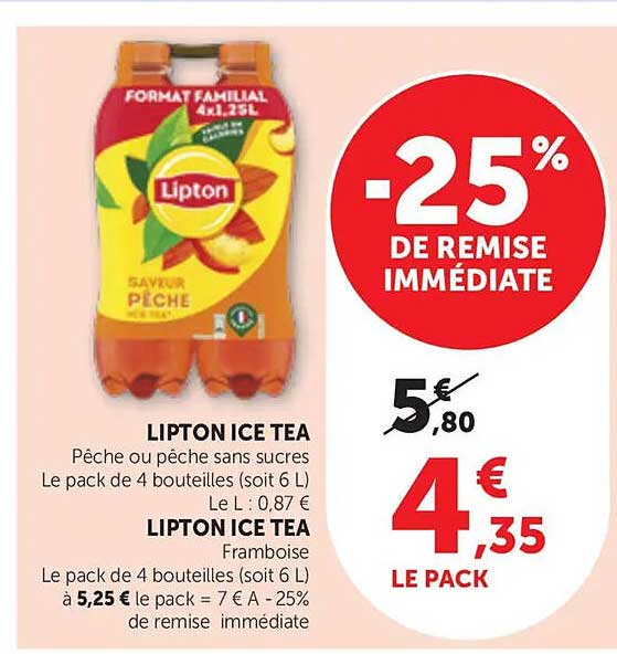 LIPTON ICE TEA Pêche ou pêche sans sucres Le pack de 4 bouteilles (soit 6 L)