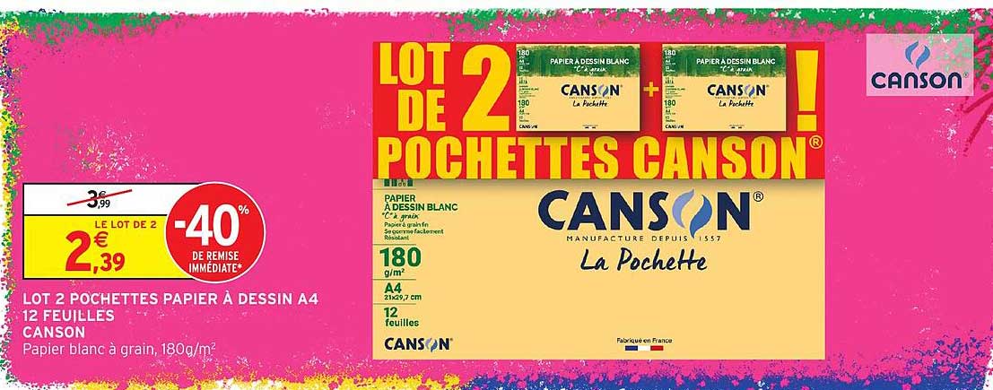 LOT 2 POCHETTES PAPIER À DESSIN A4 12 FEUILLES CANSON