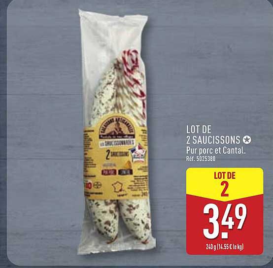 LOT DE 2 SAUCISSONS Pur porc et Cantal. Ref. 5025380