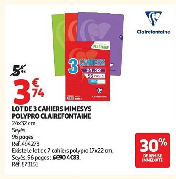 LOT DE 3 CAHIERS MIMESYS POLYPRO CLAIREFONTAINE