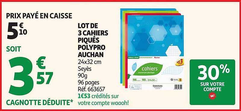 LOT DE 3 CAHIERS PIQUÉS POLYPRO AUCHAN