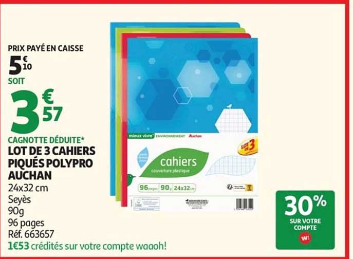 LOT DE 3 CAHIERS PIQUÉS POLYPRO AUCHAN