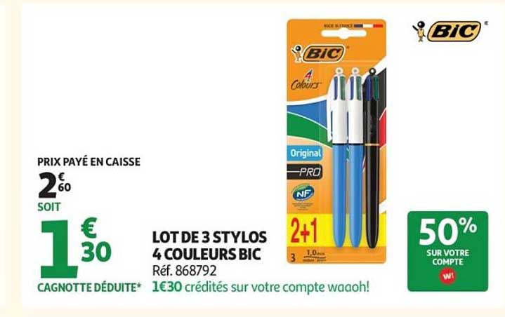 LOT DE 3 STYLOS 4 COULEURS BIC Réf. 868792