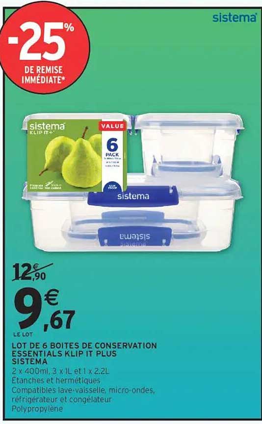 LOT DE 6 BOITES DE CONSERVATION ESSENTIALS KLIP IT PLUS SISTEMA