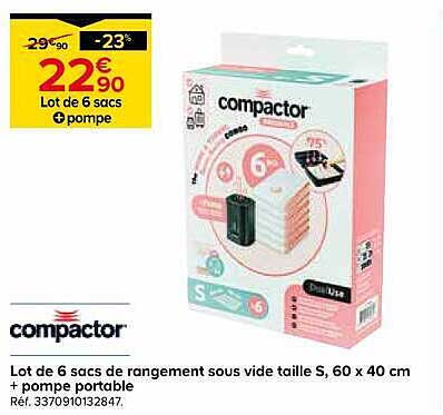 Lot de 6 sacs de rangement sous vide taille S, 60 x 40 cm + pompe portable