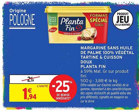 MARGARINE SANS HUILE DE PALME 100% VÉGÉTAL TARTINE & CUISSON DOUX PLANTA FIN