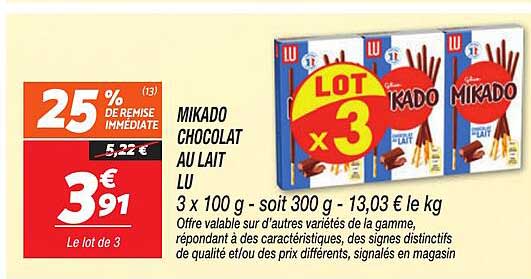 MIKADO CHOCOLAT AU LAIT LU 3 x 100 g - soit 300 g - 13,03 € le kg