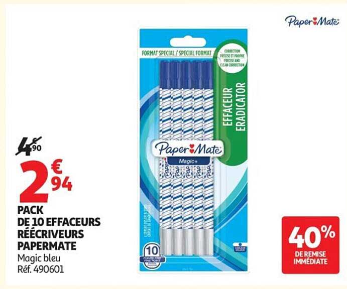 PACK DE 10 EFFACEURS RÉCRIVEURS PAPERMATE Magic bleu Réf. 490601