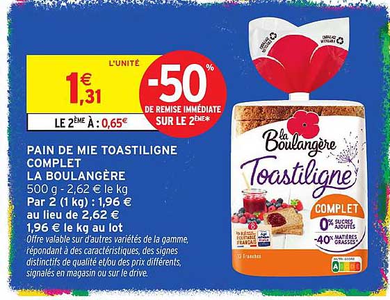 PAIN DE MIE TOASTILIGNE COMPLET LA BOULANGÈRE