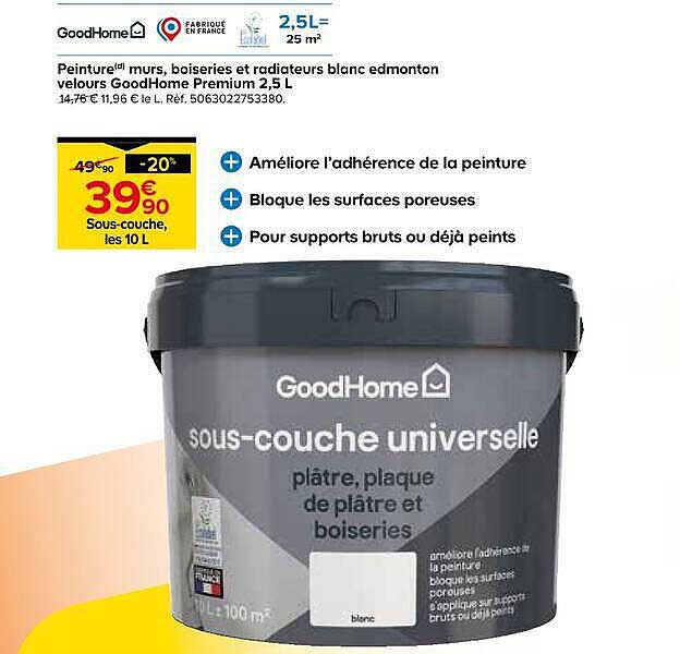 Peinture murs, boiseries et radiateurs blanc edmonton velours GoodHome Premium 2,5 L