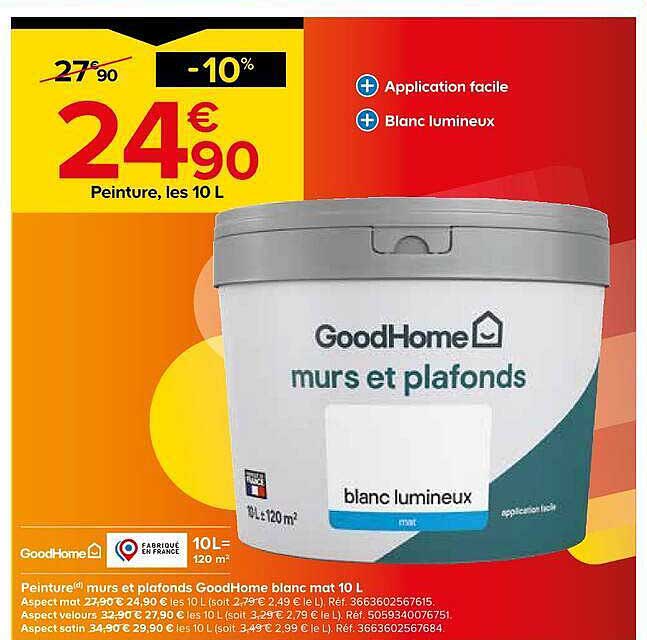 Peinture murs et plafonds GoodHome blanc mat 10 L