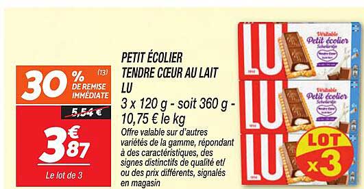 PETIT ÉCOLIER TENDRE COEUR AU LAIT LU 3 x 120 g - soit 360 g - 10,75 € le kg