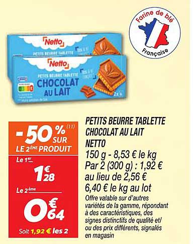 PETITS BEURRE TABLETTE CHOCOLAT AU LAIT NETTO