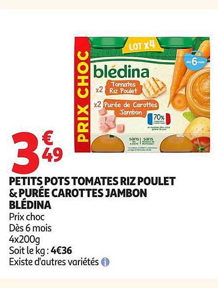 PETITS POTS TOMATES RIZ POULET & PURÉE CAROTTES JAMBON BLÉDINA
