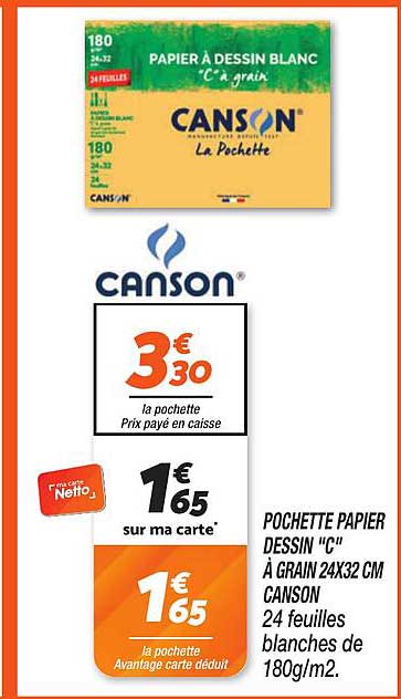 POCHEtte PAPIER DESSIN "C" À GRAIN 24X32 CM CANSON 24 feuilles blanches de 180g/m2.