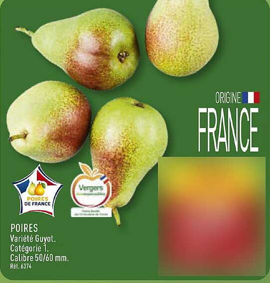 POIRES Variété Guyot. Catégorie 1. Calibre 50/60 mm. Réf. 6374
